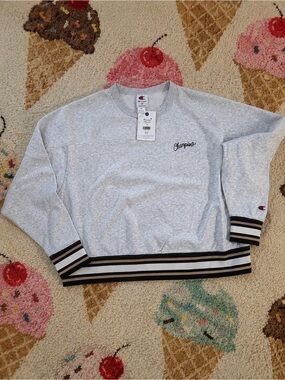 Champion  Light Gray Crewneck Sweater with Striped Hem
